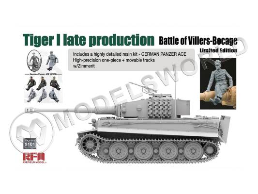 Склеиваемая пластиковая модель Немецкий танк Tiger 1 поздний, Битва при Виллер-Бокаж, с подвижными гусеницами и смоляной фигурой немецкого аса. Масштаб 1:35