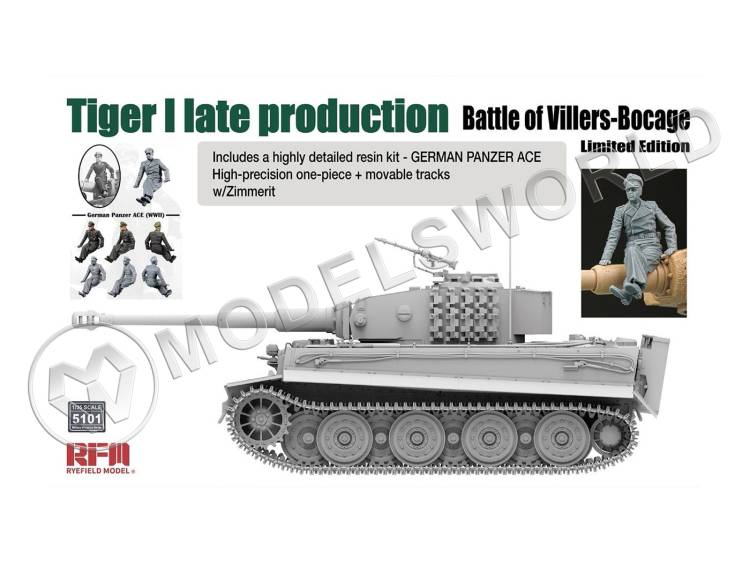 Склеиваемая пластиковая модель Немецкий танк Tiger 1 поздний, Битва при Виллер-Бокаж, с подвижными гусеницами и смоляной фигурой немецкого аса. Масштаб 1:35 - фото 1